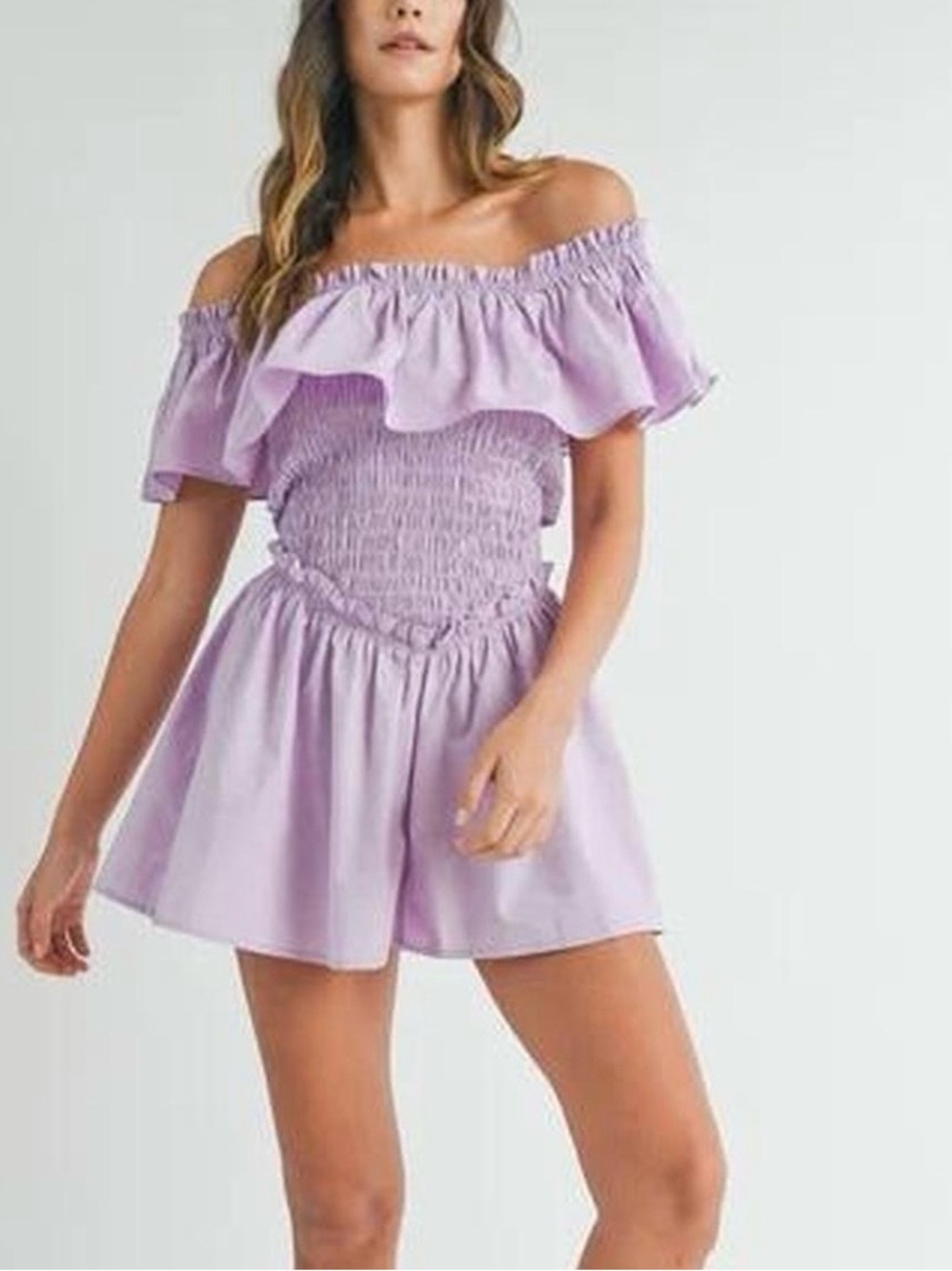 Mable Lavender Off-Shoulder Ruffled Smocked Romper Sz S